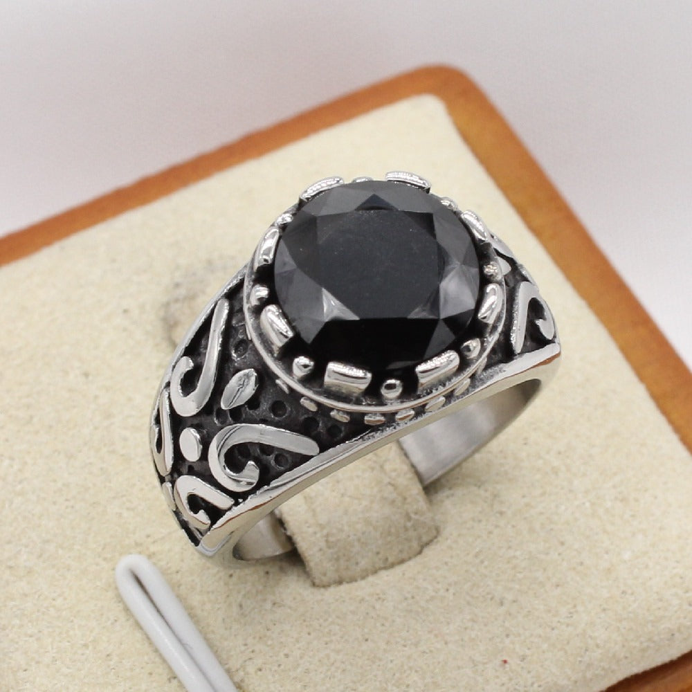 Kemstone Vintage Stone Ring for Men Titanium Steel Scrollwork R1667