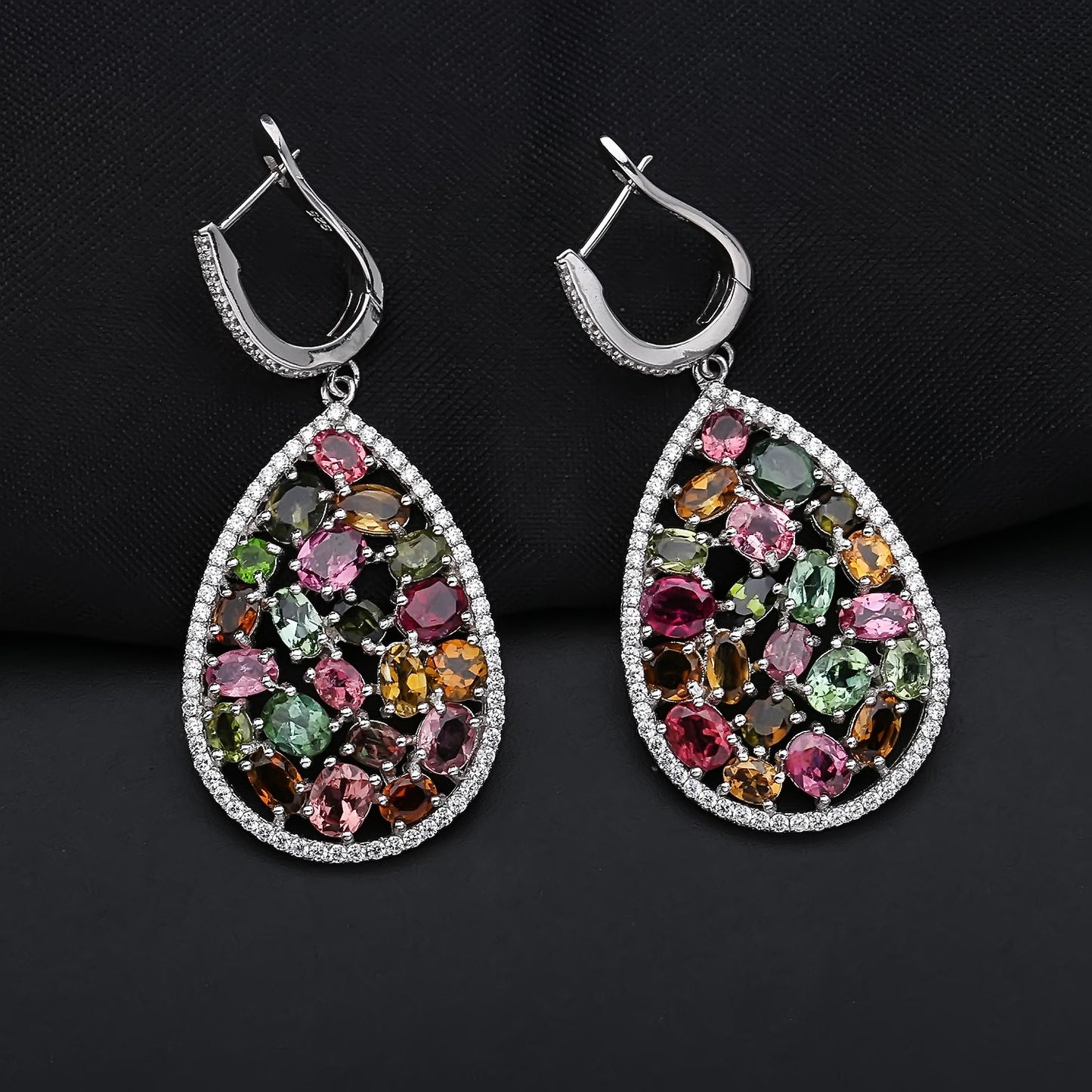 Kemstone Handcrafted Drop Earrings | Natural Multi-Color Tourmaline, Chrome Diopside & Sky Blue Topaz | 925 Sterling Silver | Vintage Boho Style