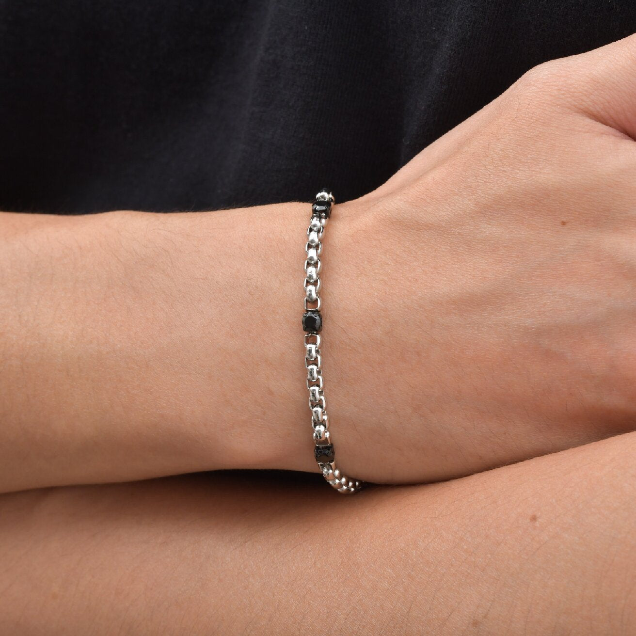 Kemston Stainless Steel Black Cubic Zirconia Beaded Chain Bracelet for Men Street Style BR-3103