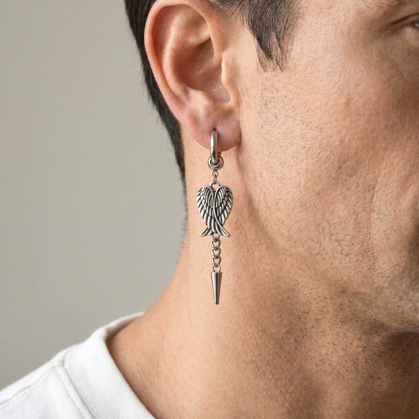 Kemston Stainless Steel Wing Chain Drop Earrings for Men Hip Hop Jewelry ED1109