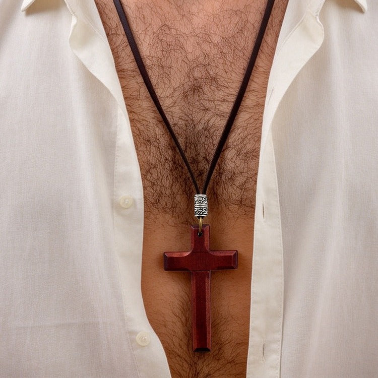 Kemston Wooden Cross Pendant Necklace for Men Adjustable Cord PN-1278