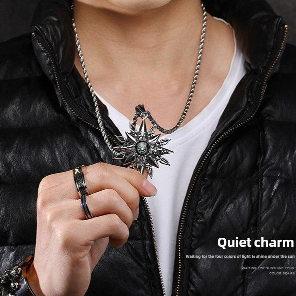 Kemstone Titanium Steel Men’s Sunburst Compass Pendant Necklace KP42987-BD