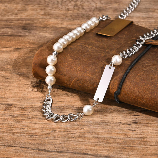 Kemstone Stainless Steel Cuban Chain Necklace with Faux Pearl Pendant for Men – Hip-Hop Style NC1846