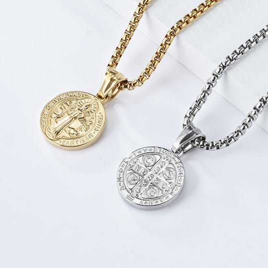 Kemstone Stainless Steel Saint Benedict Exorcism Coin Pendant Necklace for Men K-PT549