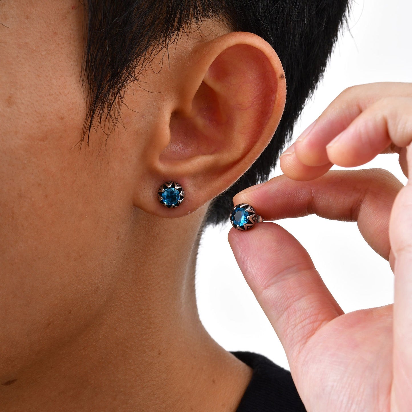 Kemstone Titanium Steel Stud Earrings - Blue Zircon Punk Crown for Men & Women ES-736