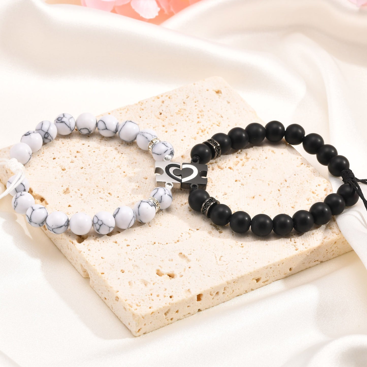 Kemstone Adjustable Half Heart Puzzle Beaded Bracelet Set for Men & Women – Black Onyx & White Howlite CB-175