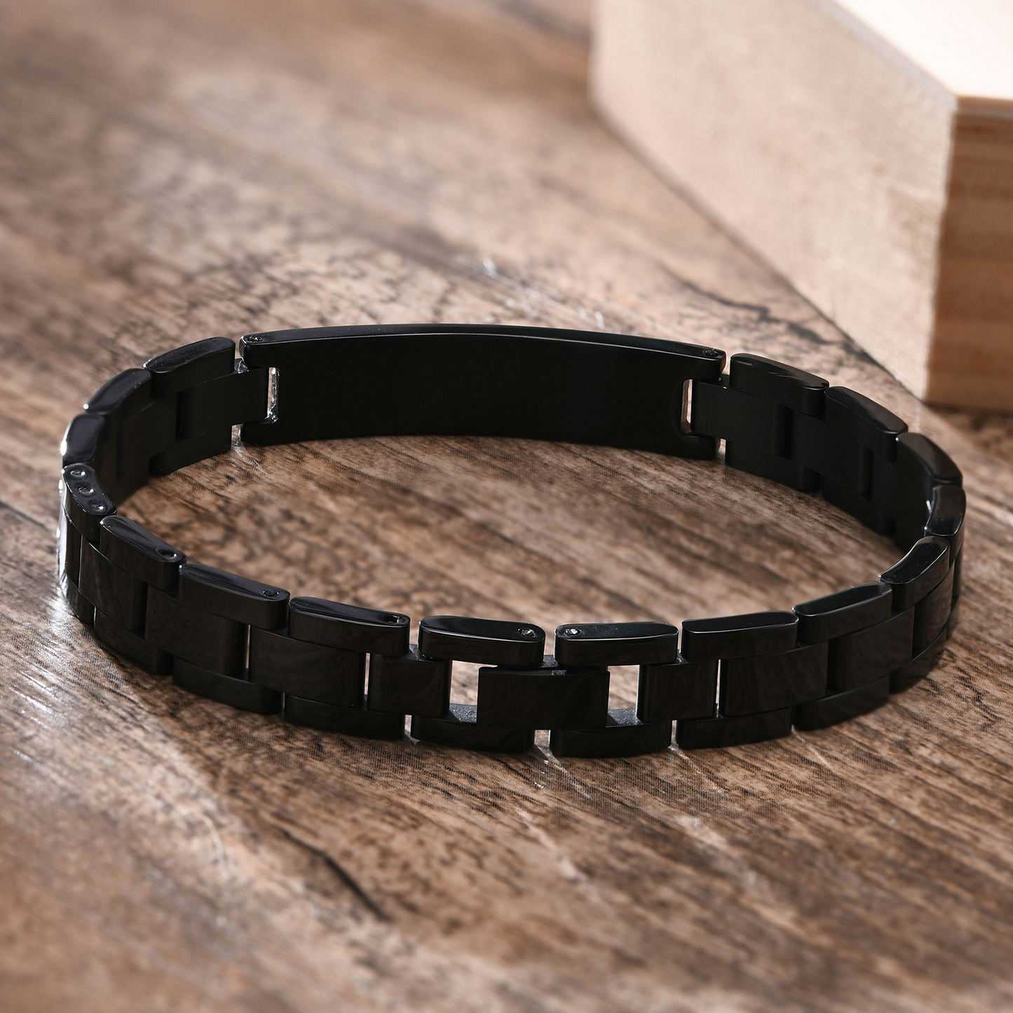 Kemstone Black Stainless Steel ID Link Bracelet for Men & Women – Curved Nameplate Watchband Chain BR-975