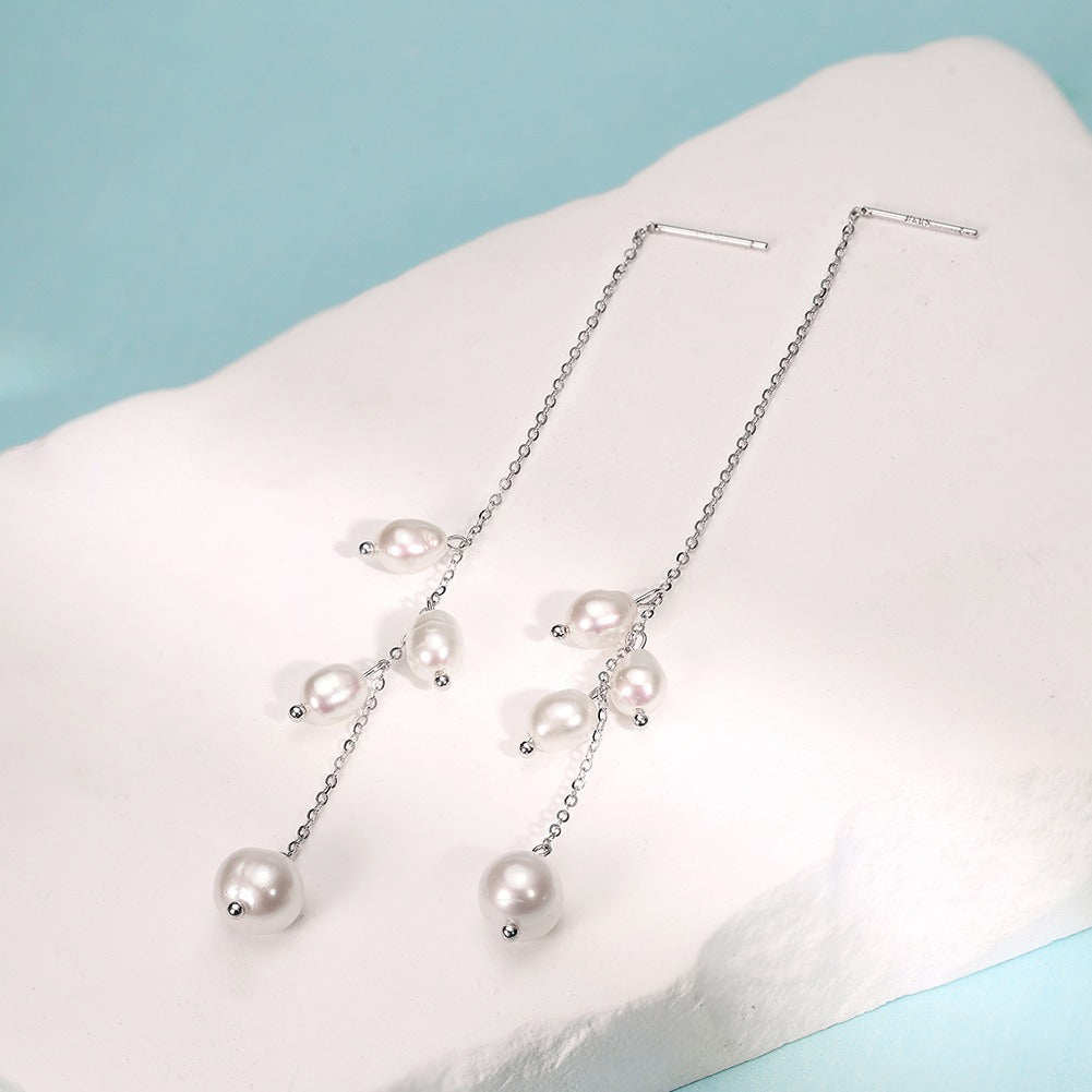 Kemstone 925 Sterling Silver Freshwater Pearl Tassel Earrings for Women – 90mm Drop GPE127