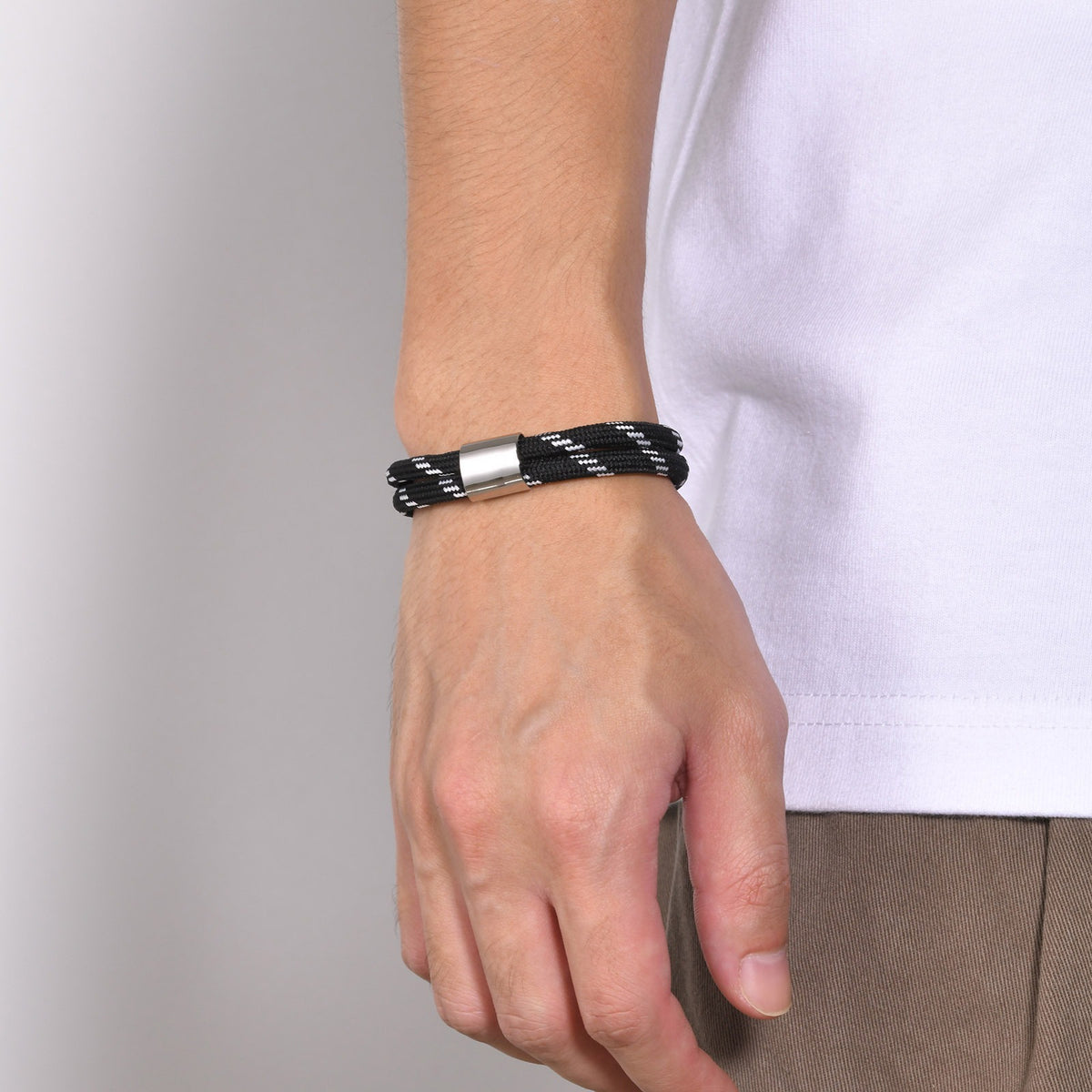 Kemstone Double Cord Bracelet for Men Stainless Steel Accent BR-1699