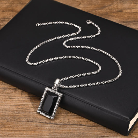 Kemstone Stainless Steel Black Glass Square Pendant Necklace for Men – Vintage Ornate Frame PN-1907