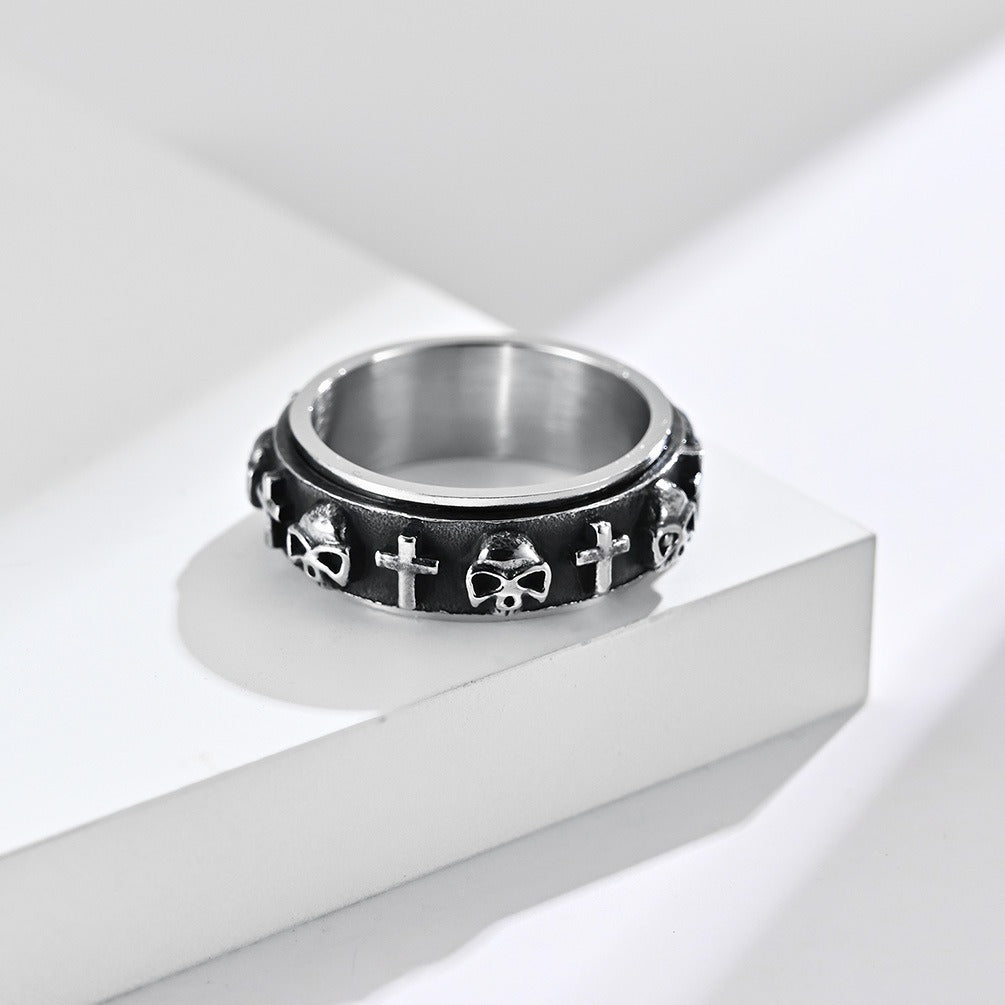 Kemstone Stainless Steel Skull Cross Spinner Ring for Men - Silver Gold Black K-R591