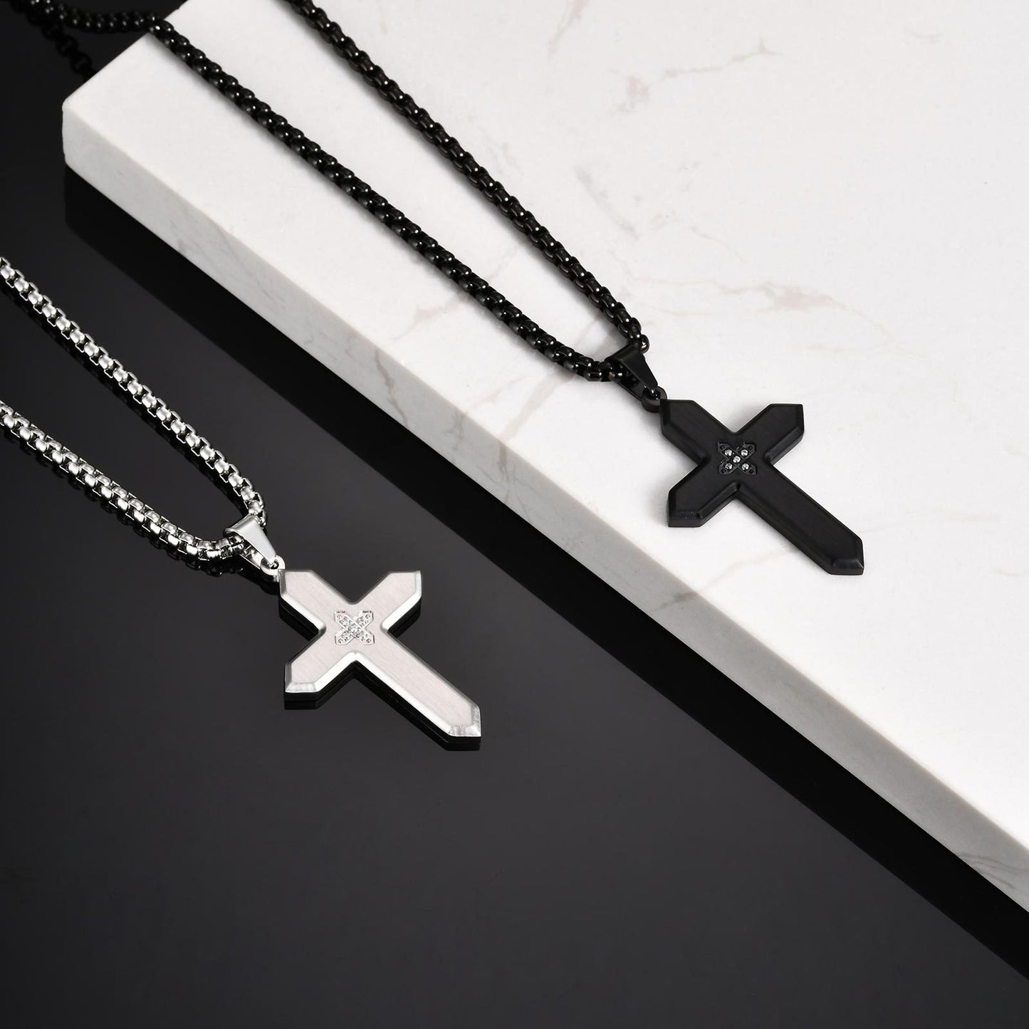 Kemstone Stainless Steel Brushed Cross Pendant Necklace with Cubic Zirconia – Square Link Chain for MenPN-2198