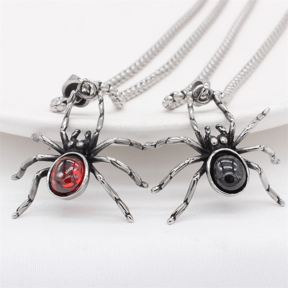 Kemstone Titanium Steel Spider Pendant Necklace for Men – Black & Red Stone Options P1412