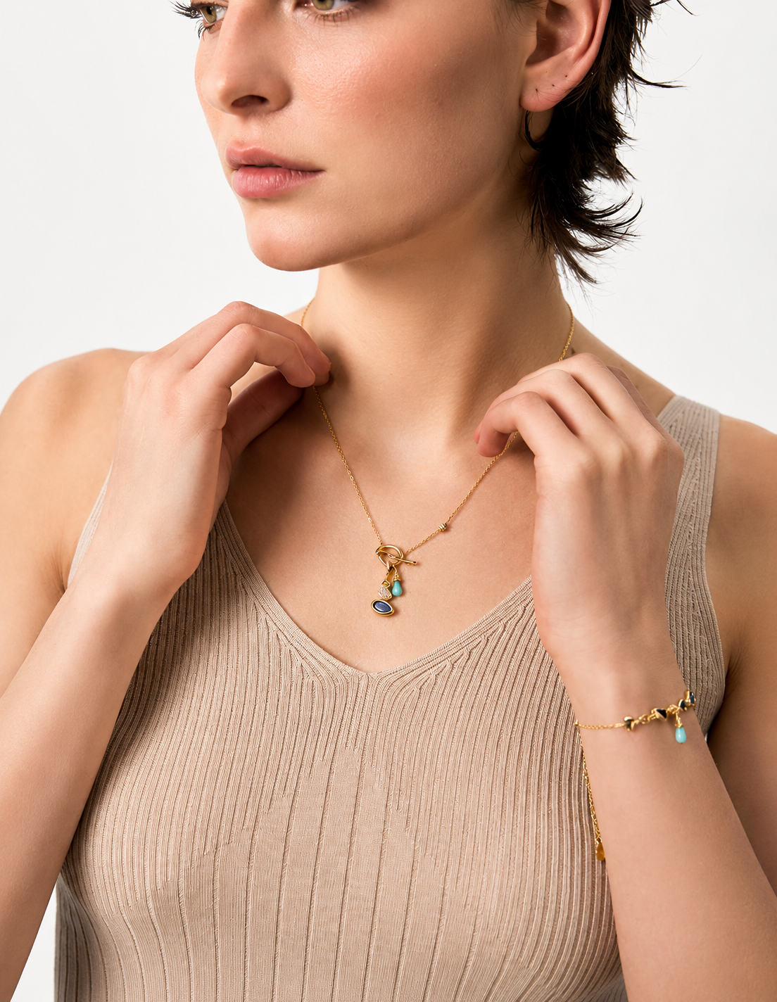 Kemstone Cairn Natural Gemstone Necklace – Amazonite Aquamarine Kyanite Gold Pendant for Women
