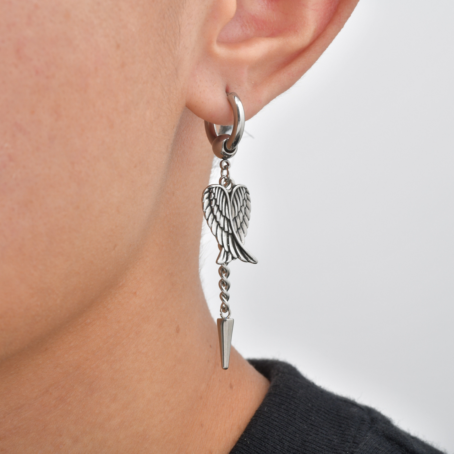 Kemston Stainless Steel Wing Chain Drop Earrings for Men Hip Hop Jewelry ED1109