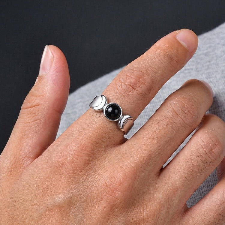 Kemstone Black Onyx Ring for Men Stainless Steel Twin Crescent RC-1171