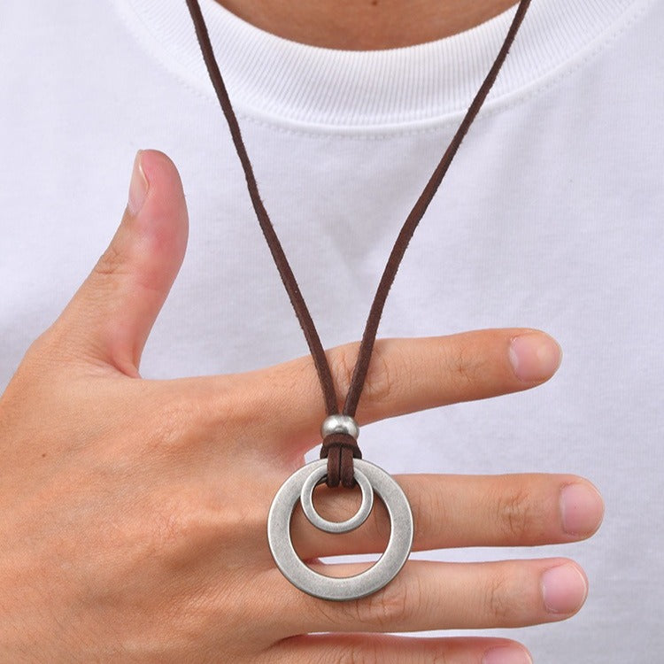 Kemstone Double Ring Pendant Necklace for Men Stainless Steel Brown Cord NC-3022