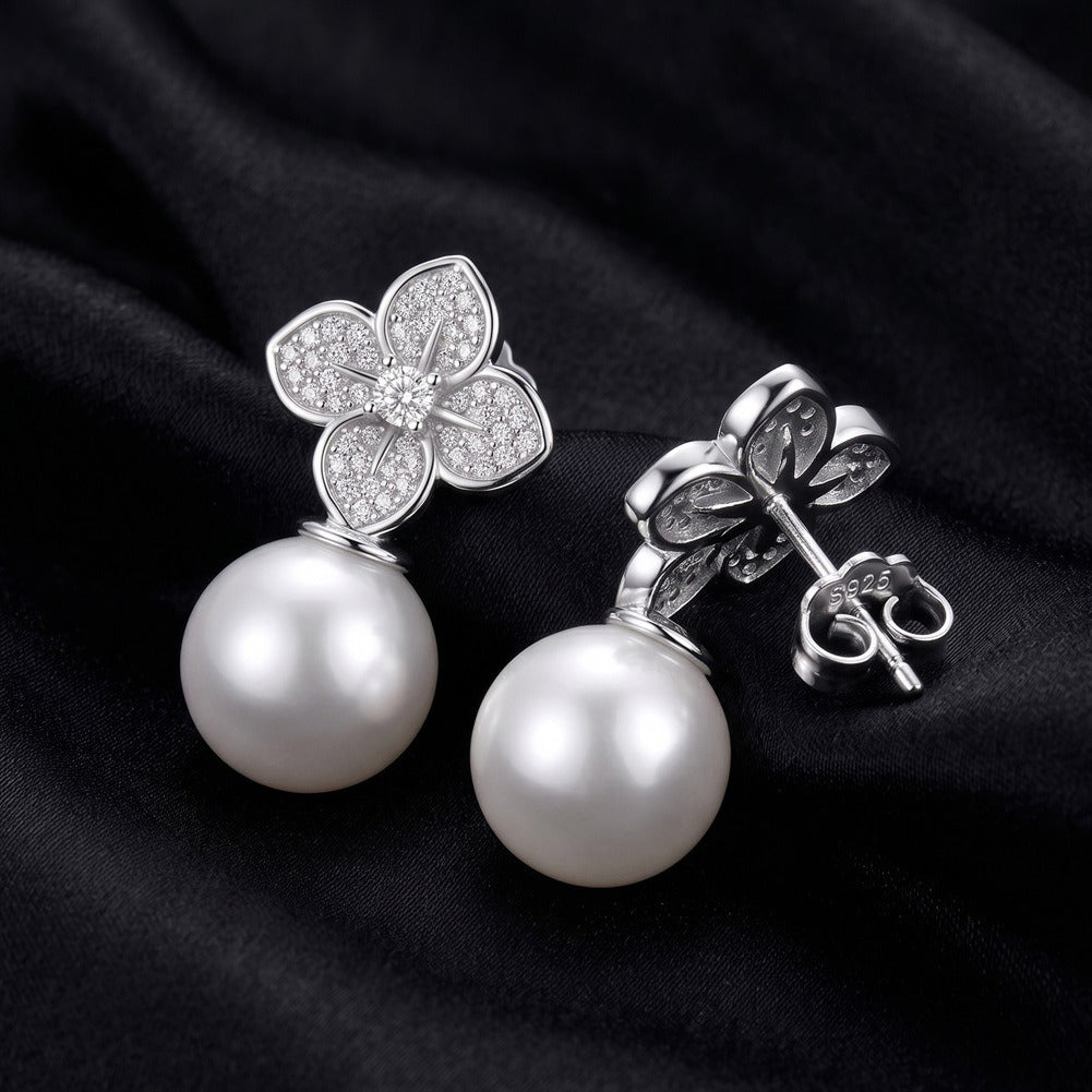 Kemston 925 Sterling Silver Four Petal Pearl Drop Earrings for Women PSE21