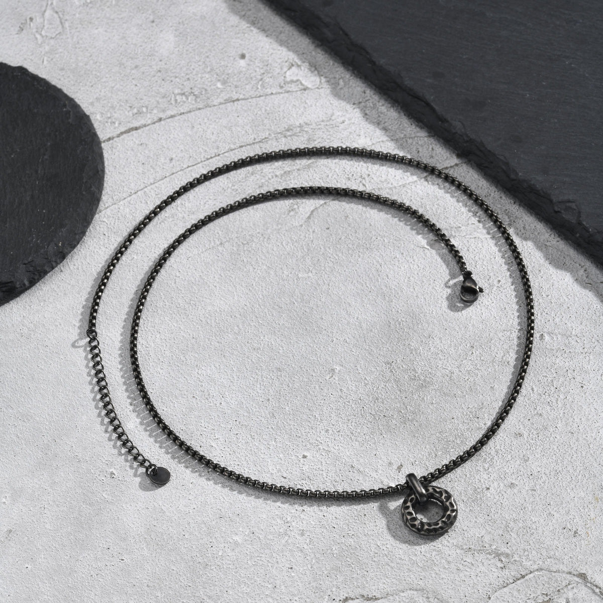 Kemstone Hammered Circle Pendant Necklace for Men Stainless Steel Vintage Gray NC-3011