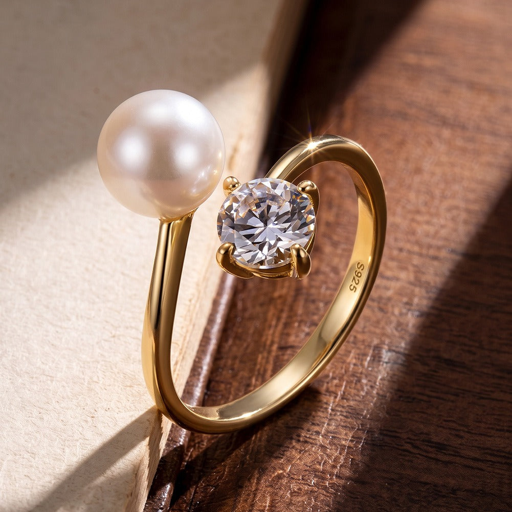 Kemstone Pearl Open Ring for Women 925 Sterling Silver Cubic Zirconia PSR01