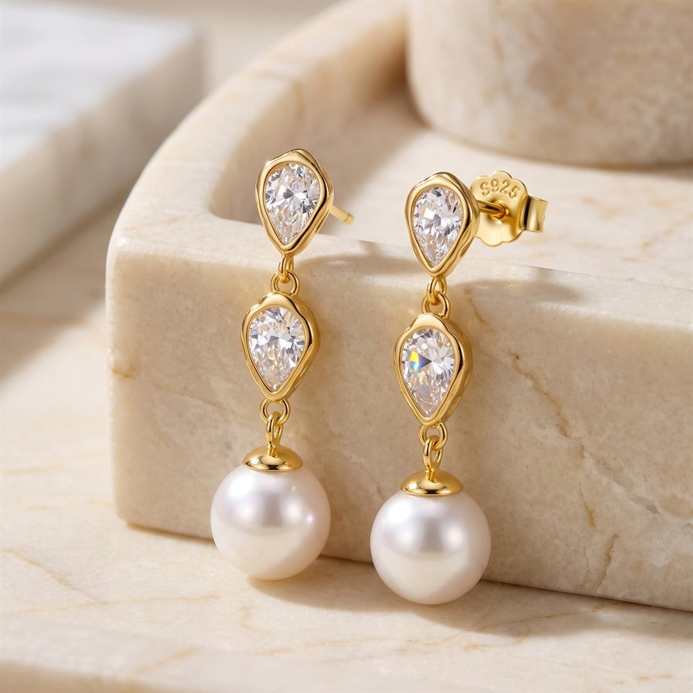 Kemstone Teardrop Pearl Drop Earrings for Women 925 Sterling Silver Cubic Zirconia PSE13