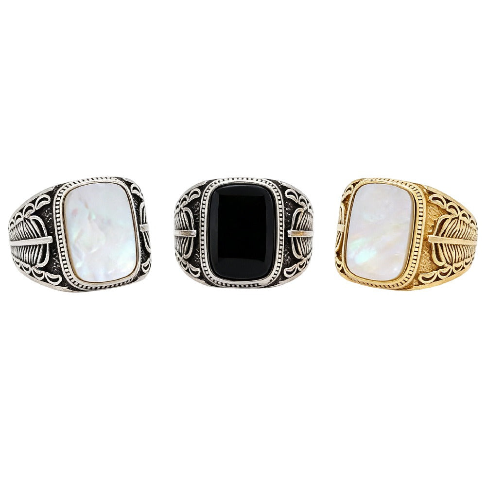 Kemstone Shell Signet Ring for Men Titanium Steel Feather Engraved R1207