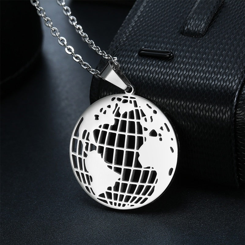 Kemston World Map Pendant Necklace for Men 316L Stainless Steel Openwork TN0186
