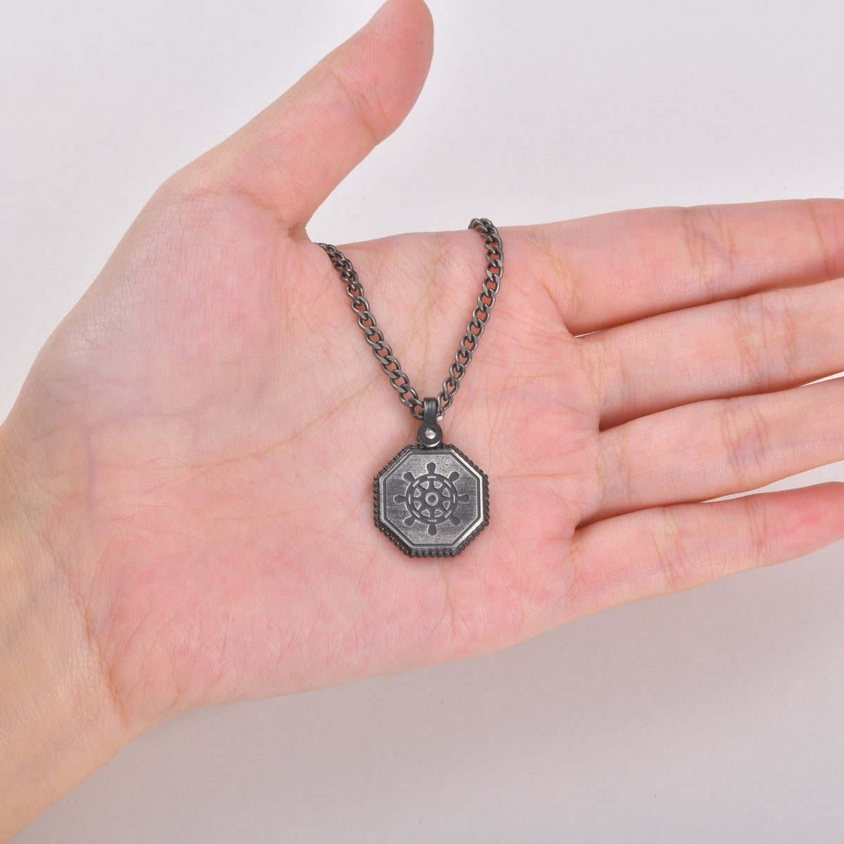 Kemston Octagon Ship Wheel Pendant Necklace for Men Stainless Steel Vintage Silver PN-2398