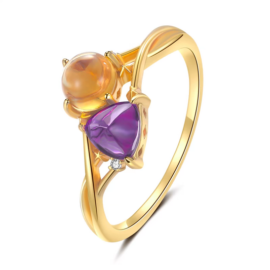 Anillo de romance cósmico de diseño original artesanal de Kemstone: anillo de plata de ley bañado en oro con amatista y citrino, sol y luna.
