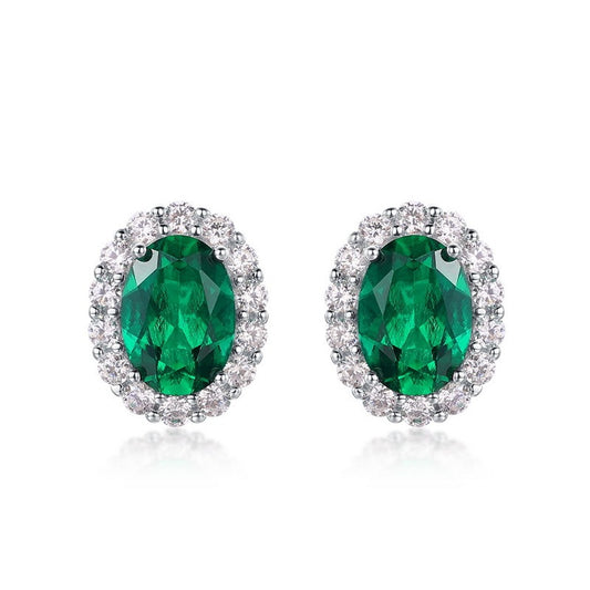 Pendientes de esmeralda de diseño original hechos a mano por Kemstone | Plata de ley S925 con baño de oro blanco y corte ovalado | Circonitas AAAA | Pendientes de botón ligeros y modernos