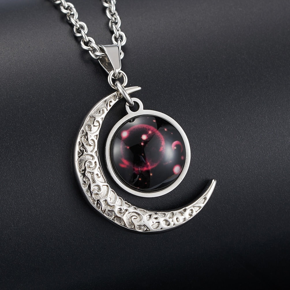 Kemstone Zodiac Sign Necklace for Men & Women Stainless Steel Crescent Moon Pendant Constellation Jewelry K-PT181