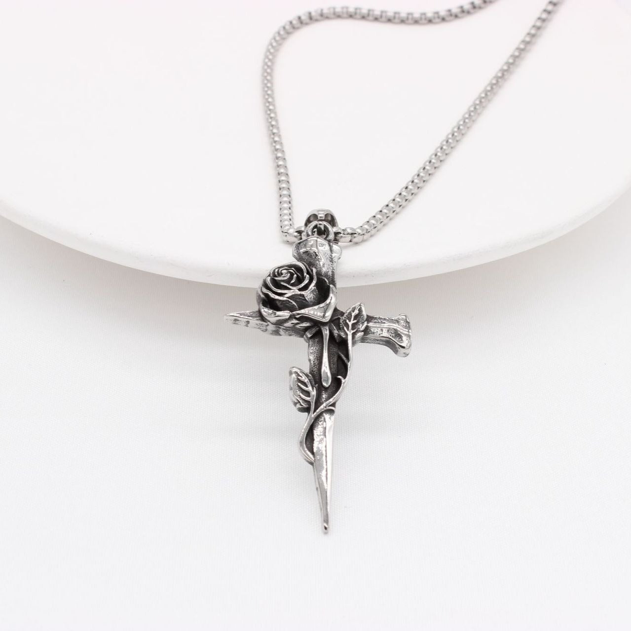 Kemstone Stainless Steel Cross Pendant Necklace for Men Women Rose Detail Vintage P0999