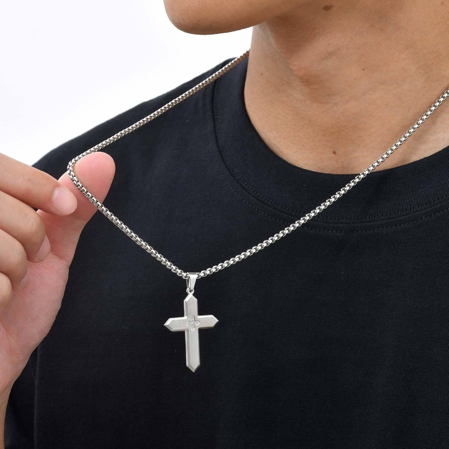 Kemstone Stainless Steel Brushed Cross Pendant Necklace with Cubic Zirconia – Square Link Chain for MenPN-2198