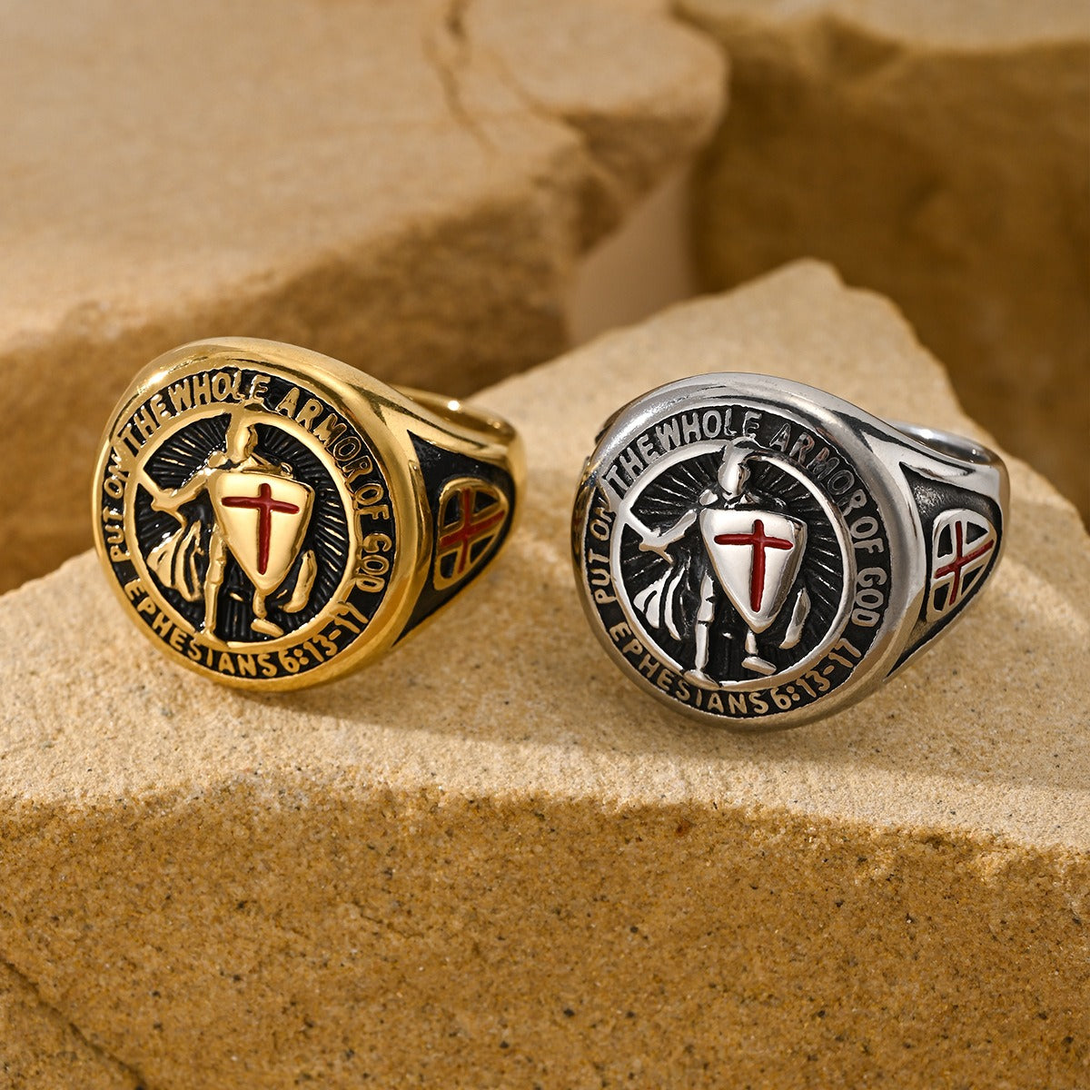Kemstone Cross Shield Ring for Men Stainless Steel Engraved Emblem TR0528