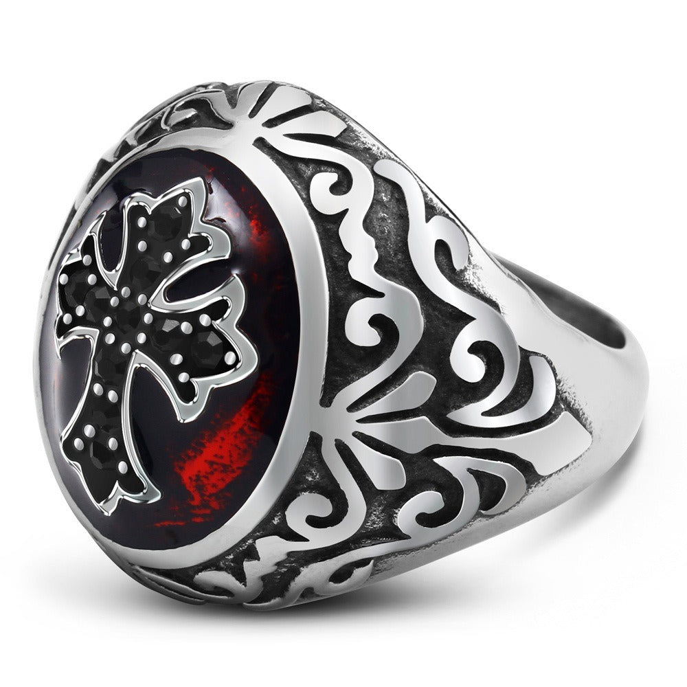Kemstone Cross Signet Ring for Men Stainless Steel Red Accent Gothic Vintage TR0074