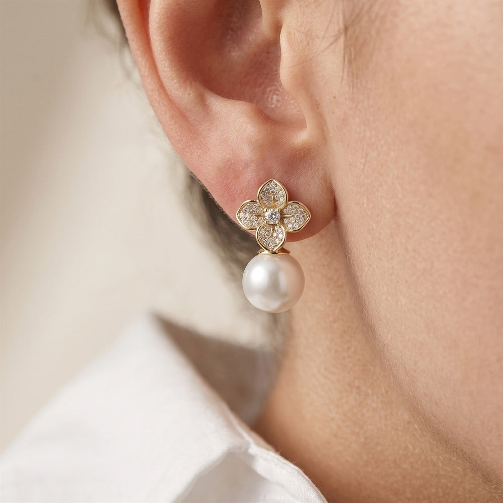 Kemston 925 Sterling Silver Four Petal Pearl Drop Earrings for Women PSE21