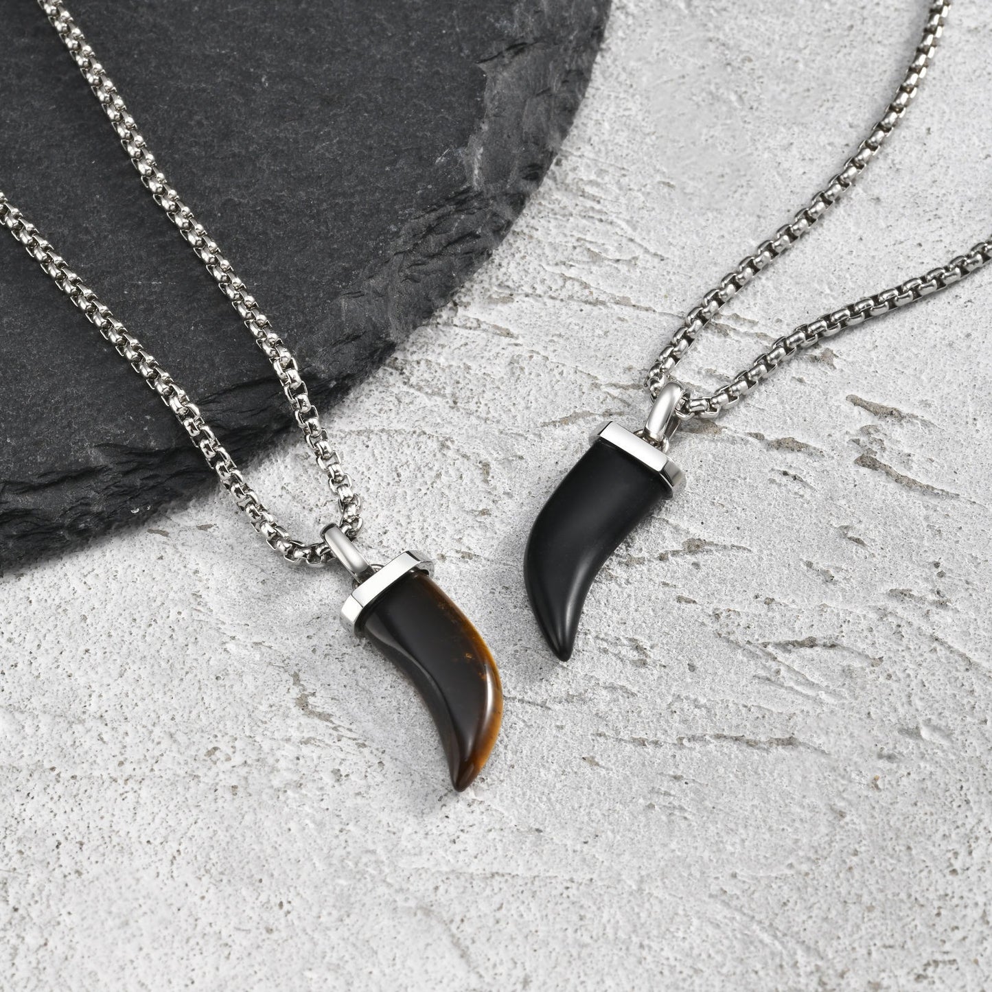 Kemstone Horn Pendant Necklace for Men & Women Stainless Steel Tiger Eye Black Agate PN-2438