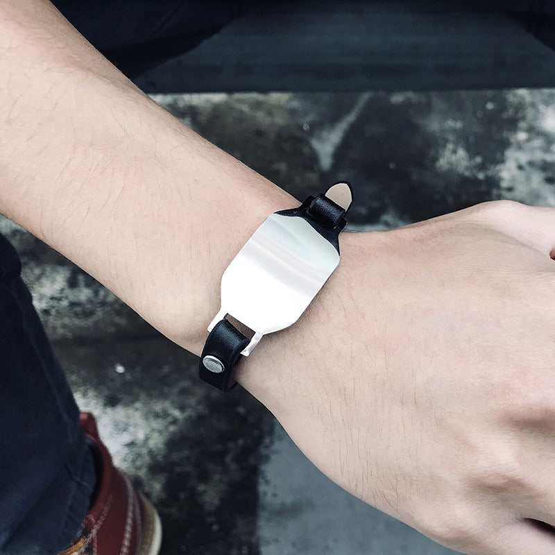 Kemstone Curved Stainless Steel Plate Leather Bracelet for Men BL-469