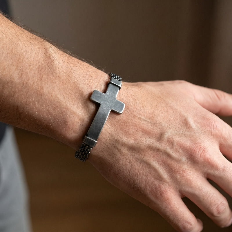 Kemstone Curved Plate Cross Bracelet for Men Titanium Steel Mesh Chain KB213291-KFC