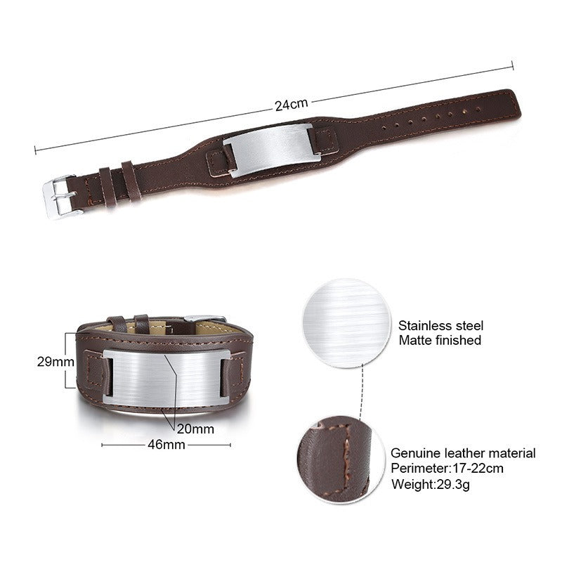 Kemstone Stainless Steel Curved ID Plate Leather Bracelet for Men BL-433