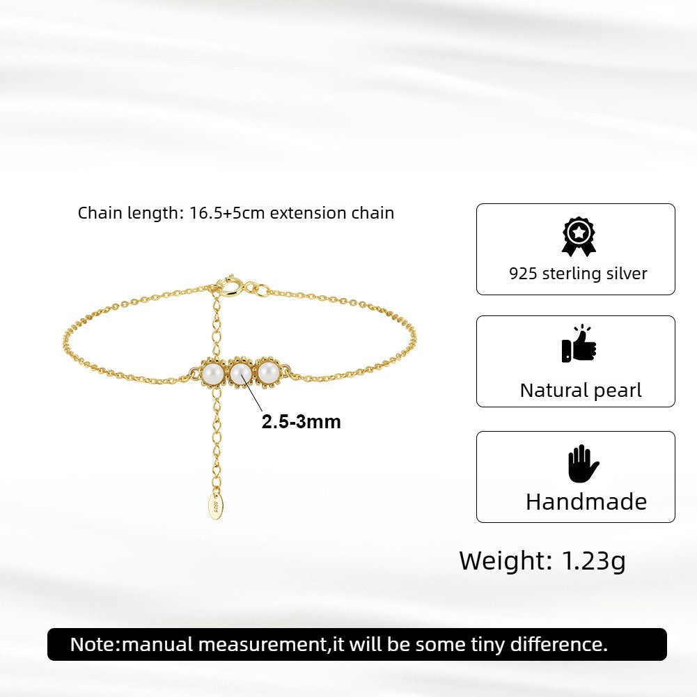 Kemston Triple Freshwater Pearl Bracelet for Women 925 Sterling Silver Gold Tone GPB44