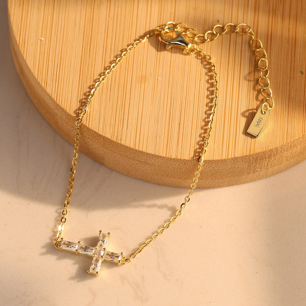 Kemston Moissanite Cross Bracelet for Women 925 Sterling Silver Gold Tone MOB03