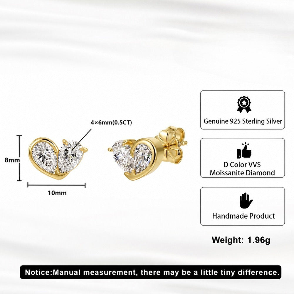 Kemstone Pear Cut Moissanite Heart Earrings for Women 925 Sterling Silver Studs SMOE30
