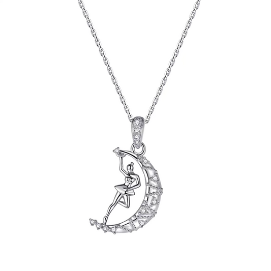 Dancing Moon Necklace Sterling Silver | Crescent Moon Dancer Pendant with Cubic Zirconia, Adjustable Chain — Kemstone