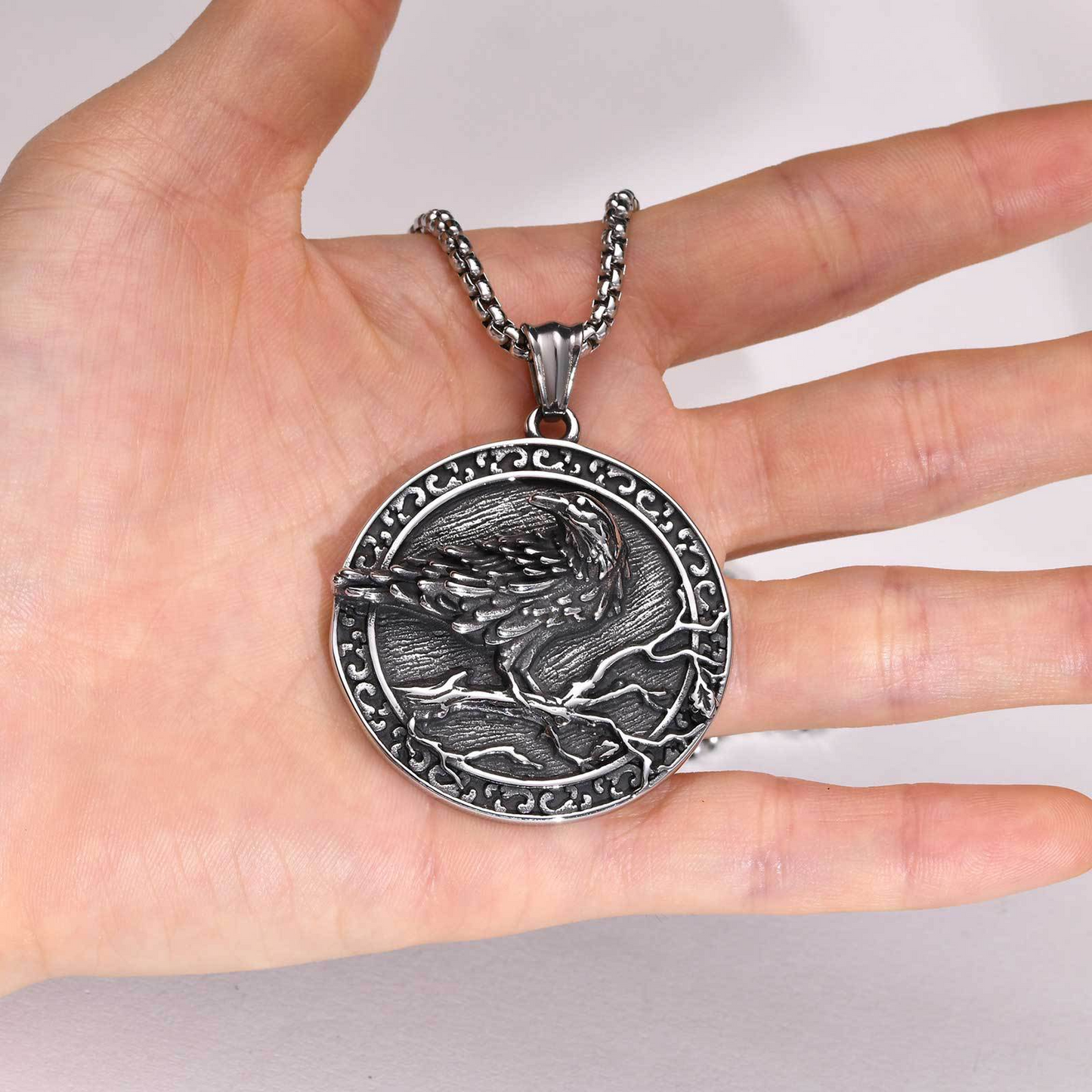 Kemston Raven Medallion Pendant Necklace for Men Stainless Steel Vintage Round PN-1642