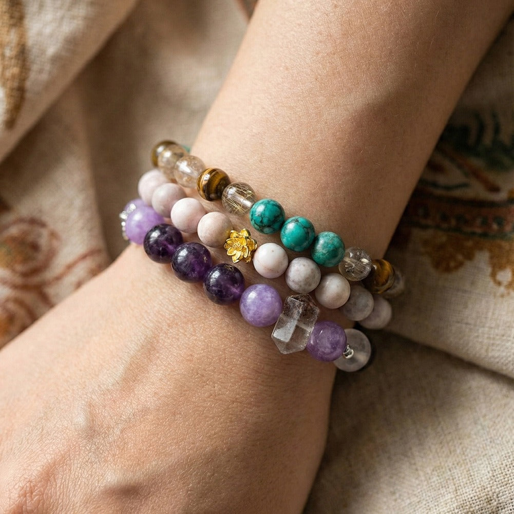 Kemston Purple Gradient Amethyst Bracelet for Women Mixed Natural Stones GMB103