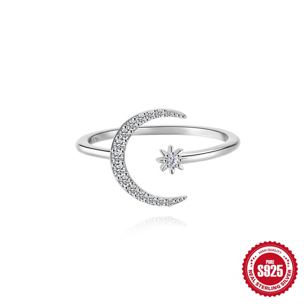Kemstone S925 Sterling Silver Moon & Star Ring for Women – Adjustable Open Moissanite Stackable MG60100351904A