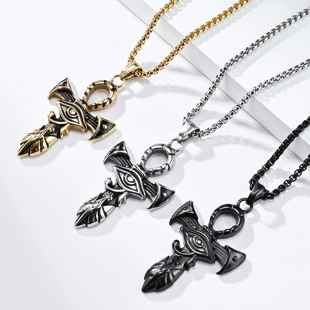 Kemstone Stainless Steel Horus Eye Ankh Cross Pendant Necklace for Men - Vintage Design K-PT507