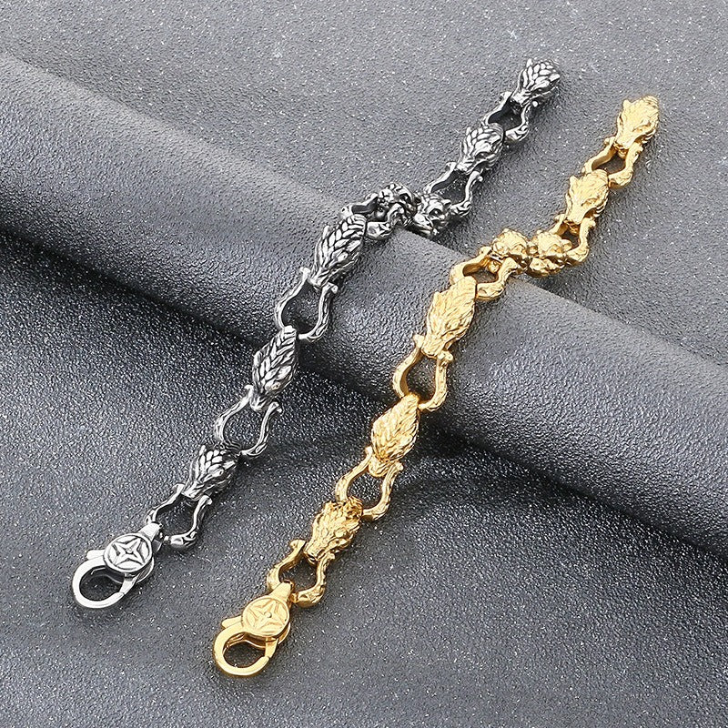Kemstone Viking Tail-Biting Wolf Head Bracelet – Stainless Steel Vintage Design, Gold/Silver KB204389-KJX