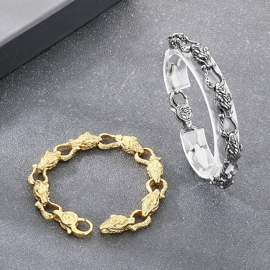 Kemstone Viking Tail-Biting Wolf Head Bracelet – Stainless Steel Vintage Design, Gold/Silver KB204389-KJX